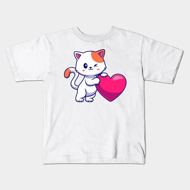 Adorable kitty holding a heart Kids T-Shirt by Right-Fit27